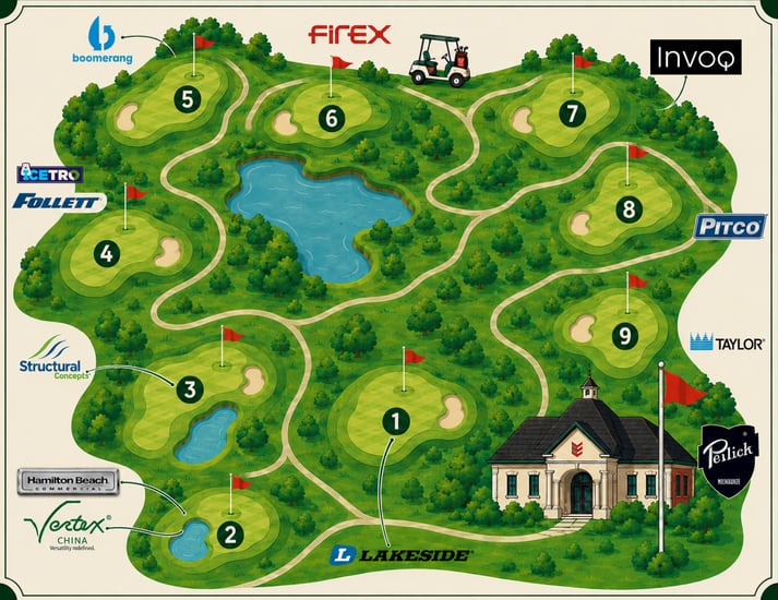 Cartoon like Map of the Eaton Marketing Country Club event showing holes on a golf course with each factory being represented by a hole