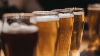 Group of different color beers in identical glasses lined up on a bar