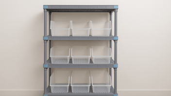 Image of grey Quantum Millenia shelving with three empty clear plastic bins on each of the three shelves.