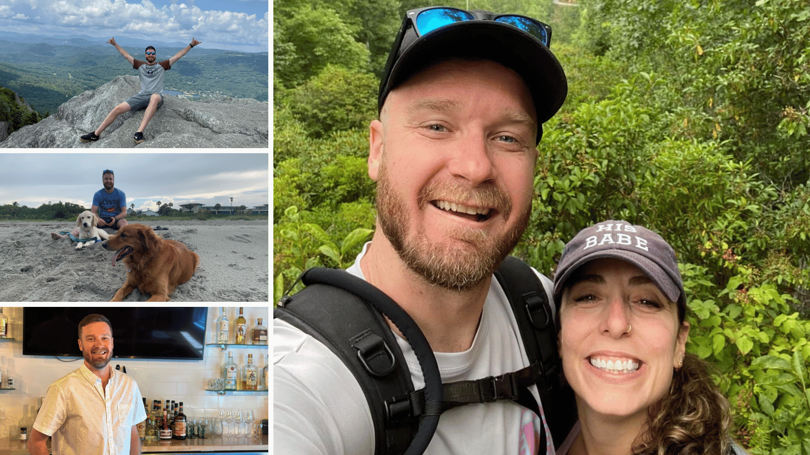 Collage of 4 photos. Photo on right shows man and woman with baseball caps smiling. On left, 3 photos stacked of same man in different locations. 