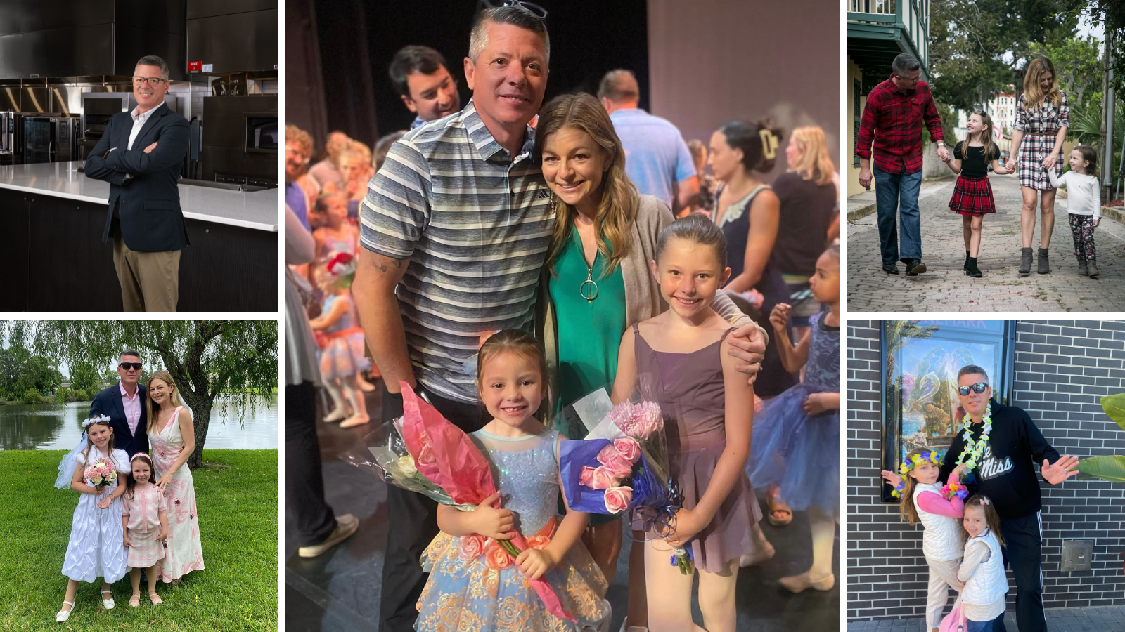 Collage of four photos of family of man, woman and two small girls in different situations along with one photo of the man, wearing glasses, blue blazer and tan pants with his arms folded in front of the Eaton Marketing test kitchen.