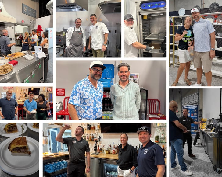 Photo collage of smiling people in a test kitchen at Eaton Marketing Country Club test kitchen event in Ft. Lauderdale