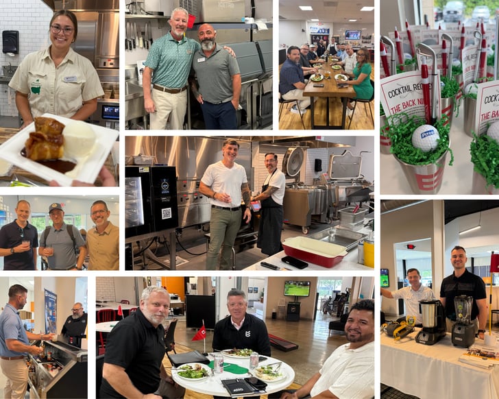 Photo collage of smiling people in a test kitchen at Eaton Marketing Country Club test kitchen event in Clearwater