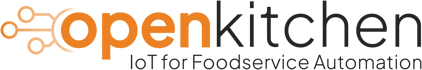 Open Kitchen logo - open is in orange bold letters while kitchen is a thinner font and in black. Underneath it says IoT for Foodservice Automation.