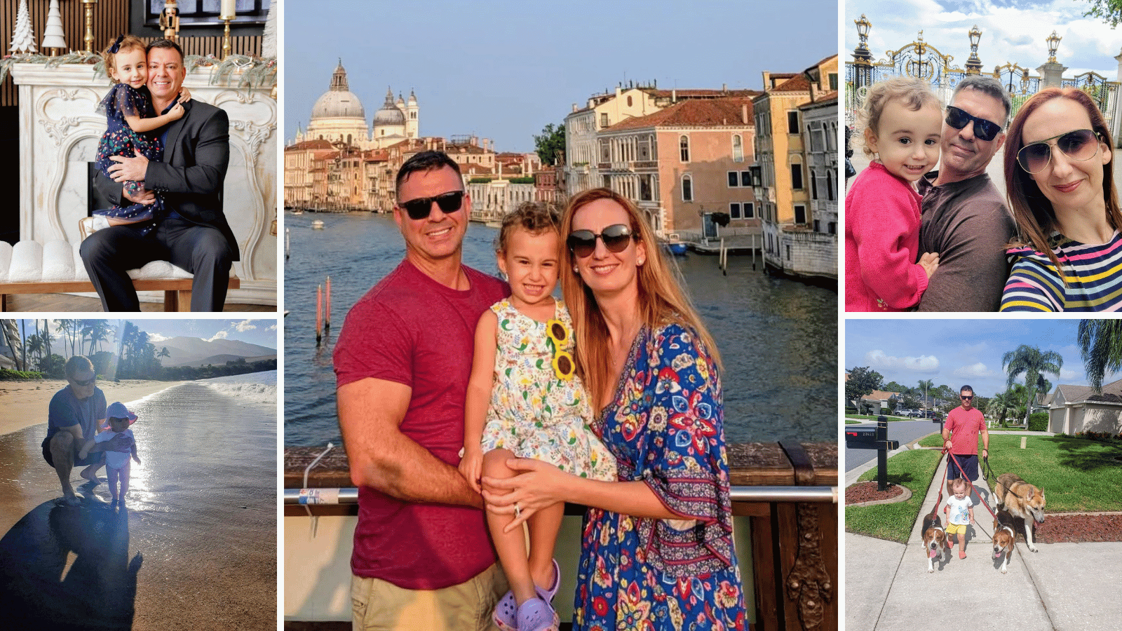 Family photo collage showing a couple with their young daughter traveling in Europe, relaxing at the beach, and walking two dogs in a sunny neighborhood.