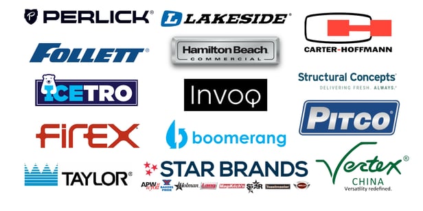 Collage of multiple brands represented at the Country Club Event, Perlick, Lakeside, Carter Hoffman, Follett, Hamilton Beach Commercial, Structural Concepts, Icetro, INVOQ, FireX, Boomerang, Pitco, Taylor, Star Brands, Vertex China