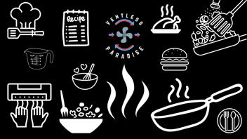 graphics of cooking icons and a ventless paradise logo