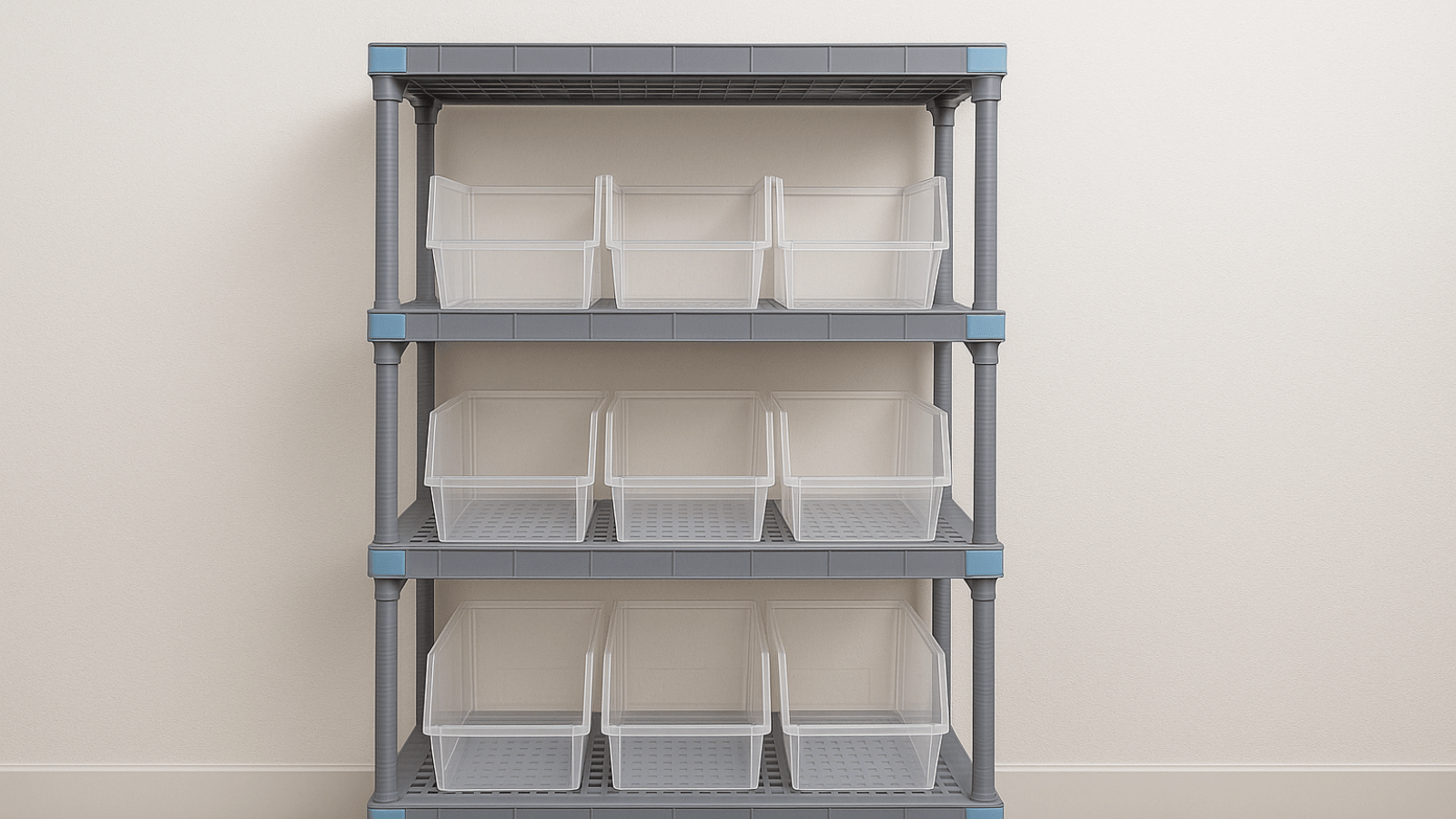 Image of grey Quantum Millenia shelving with three empty clear plastic bins on each of the three shelves.