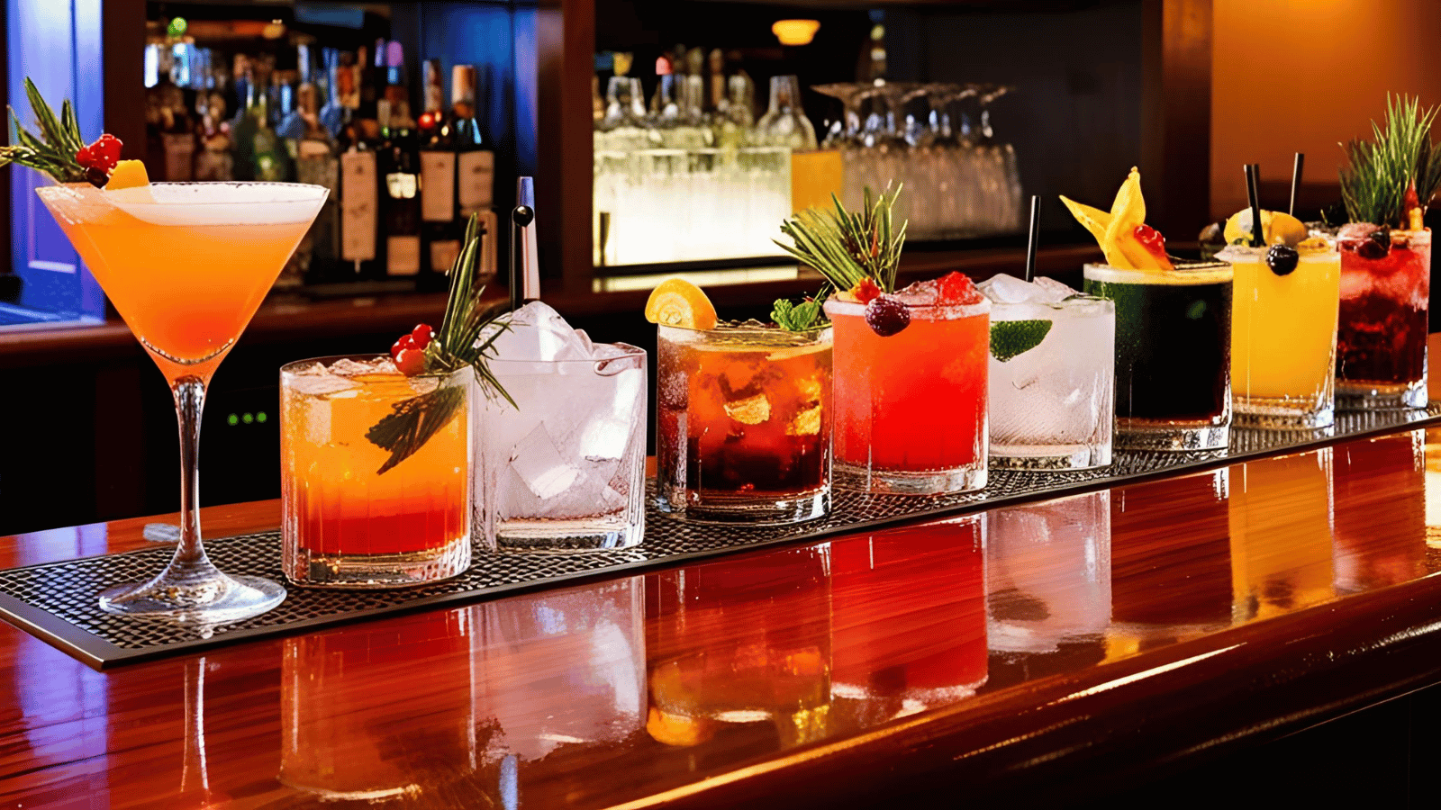 Nine different styles of cocktail glasses filled with nine different types of drinks. Each is garnished with fruit and/or a sprig of herbs and most have ice in the glass. Drinks sit on top of a brown wood bar with bottles in the background. 