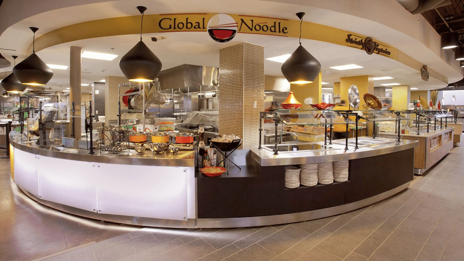 LTI serving counter with Global Noodle sign above