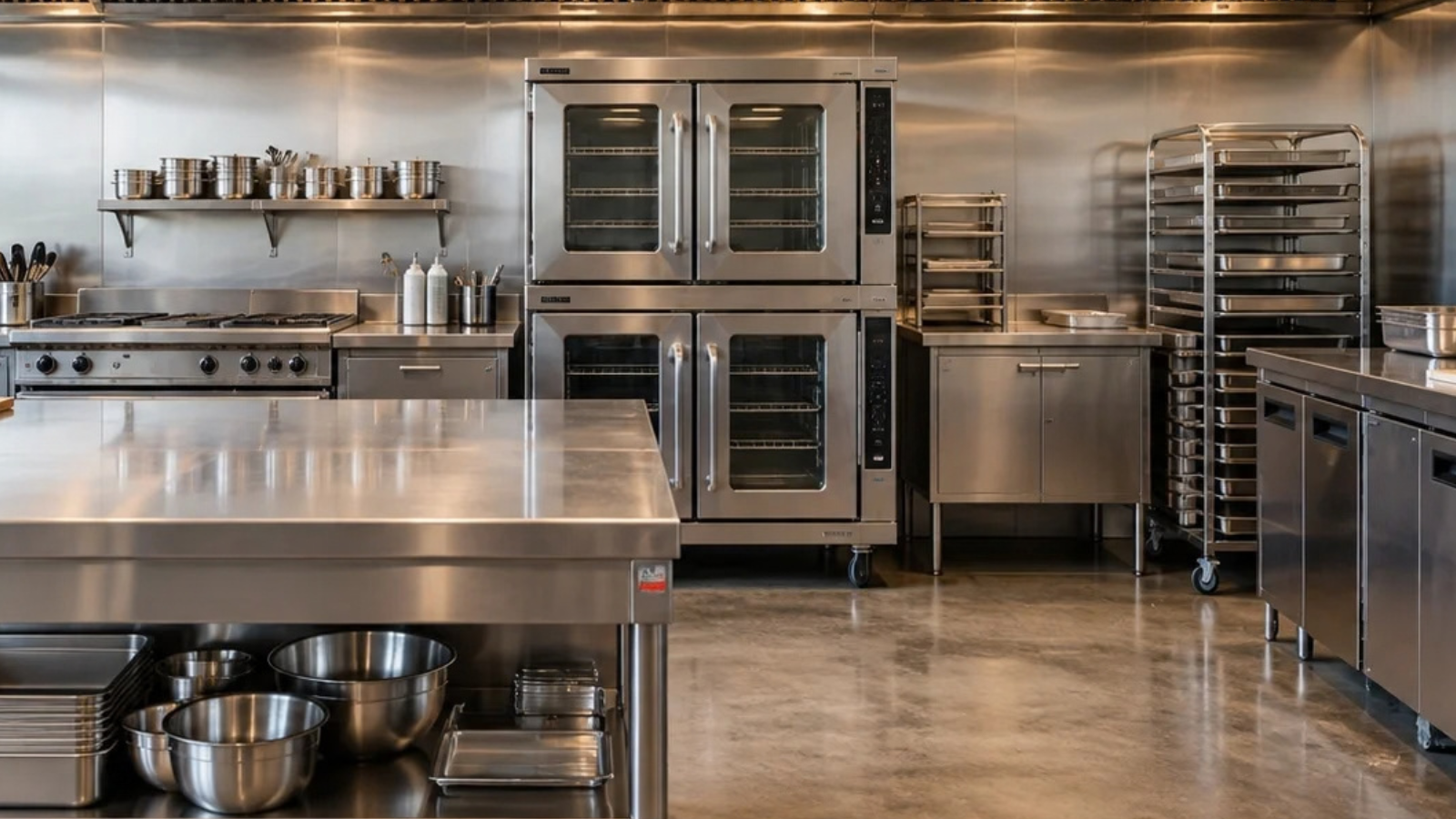 Commercial kitchen with stainless steel worktables, cooking equipment, ovens, shelving, and storage racks.